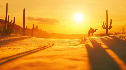 Camel silhouette at sunset in desert landscape. Travel brochure, website banner