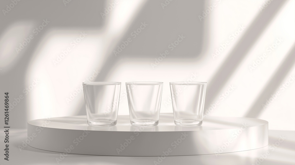 Aufkleber three empty glasses standing on a white podium with window light creating shadows