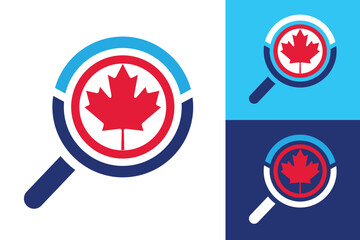 The image shows a flat logo design of a magnifying glass with Canadian maple leaf logo in the middle in red color