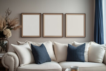 Comfortable modern living room with blank picture frames displaying relaxing ambiance
