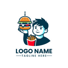 Boy Holding a Hamburger  Fun Vector Logo Illustration  Fast Food Mascot Design