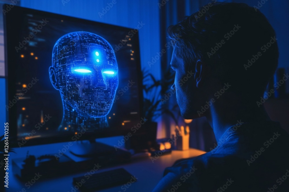 Poster person gazes intently at a digital representation of artificial intelligence in a darkened workspace