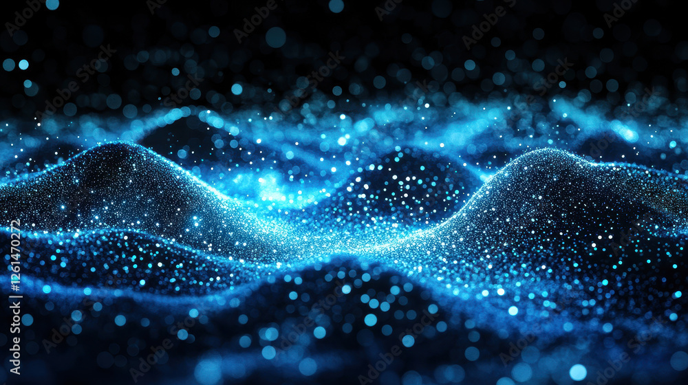 Poster abstract blue glowing particles wave on a dark background with a bokeh effect
