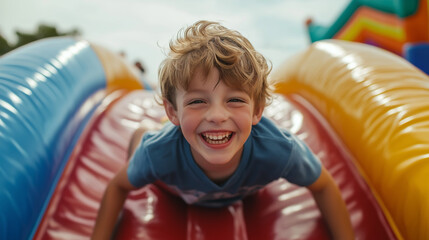 Happy child sliding down inflatable slide at playground smiling and having fun