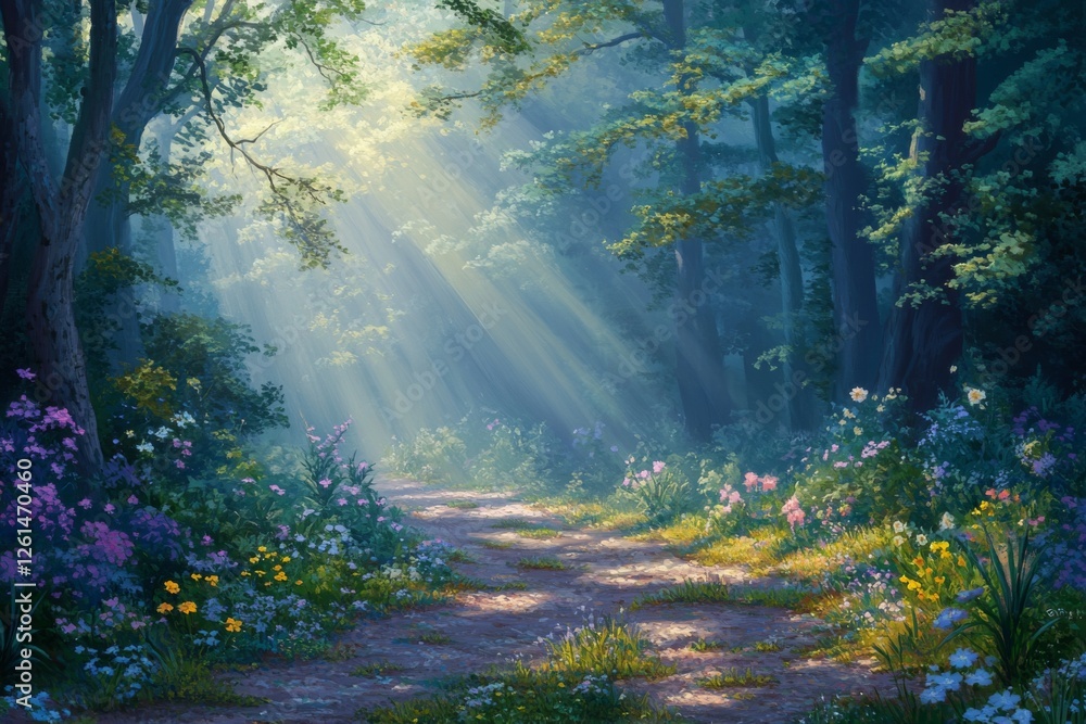 Aufkleber sunlight beams illuminate a serene forest pathway adorned with colorful wildflowers, creating a peac