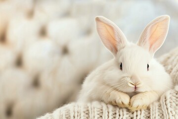 Fototapeta premium A cute white rabbit with soft fur and pink ears rests on a warm, knitted blanket. 