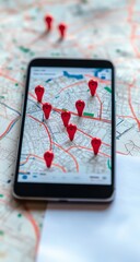 Mobile map pins on a paper map
