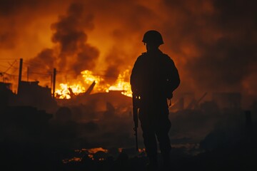 Fototapeta premium A soldier is silhouetted against a backdrop of flames and smoke in a devastated urban landscape during nighttime. Generative AI