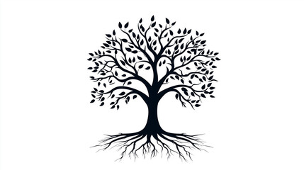 Black tree silhouette showing roots and leaves on white background