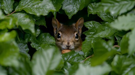 Cute Squirrel Peeking Through Green Leaves with an Acorn in Mouth