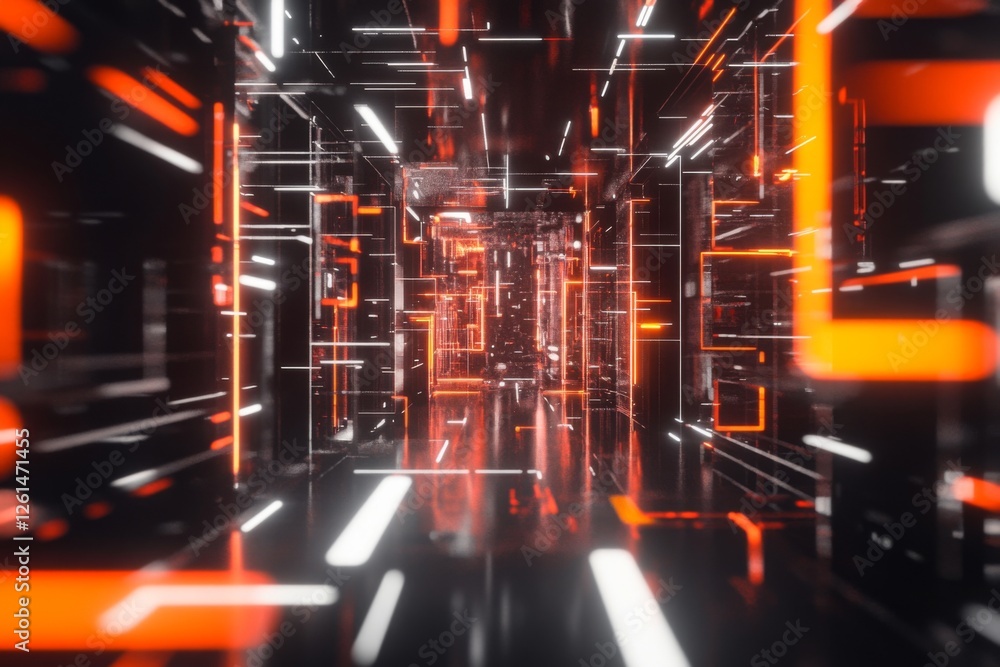 Poster bright orange and white lines illuminate a dark corridor, creating a dynamic and energetic atmospher