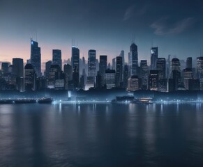 Fototapeta premium Darkened blue gradient with blurred cityscape, , blurred architecture