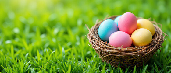Colorful Easter eggs nestled in a rustic nest, evoking a festive and cheerful mood, surrounded by fresh green grass that enhances the seasonal theme