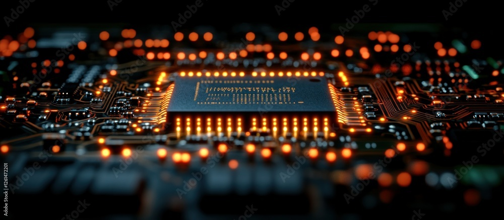Poster close-up view of illuminated microchip on a circuit board with lights