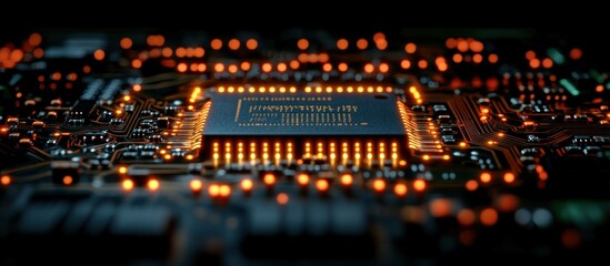 Obraz premium Close-Up View of Illuminated Microchip on a Circuit Board with Lights