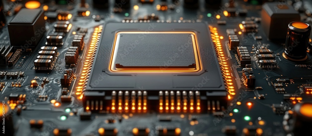 Poster close-up of a circuit board with cpu and orange led lights in a modern technology setting