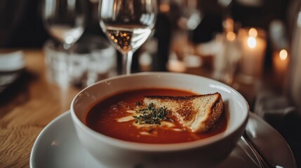 Cozy evening, Tomato soup, grilled bread and sparkling white wine