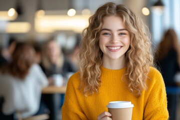 A cheerful young woman with curly blonde hair and a warm smile enjoys a cup of coffee in a cozy café.