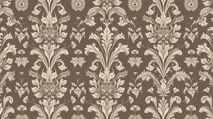 A sophisticated seamless pattern of damask-inspired floral designs, created using a photorealistic digital rendering technique, with a focus on fine details and subtle textures.