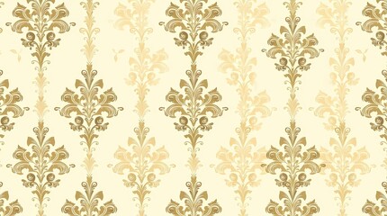 A sophisticated seamless pattern of stylized damask patterns in a subtle repeating arrangement, utilizing a vintage aesthetic, with muted gold accents on a cream background, showcasing.