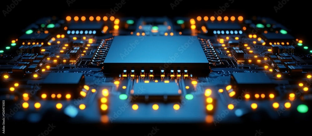 Poster abstract close-up of a futuristic circuit board with glowing elements and dark background