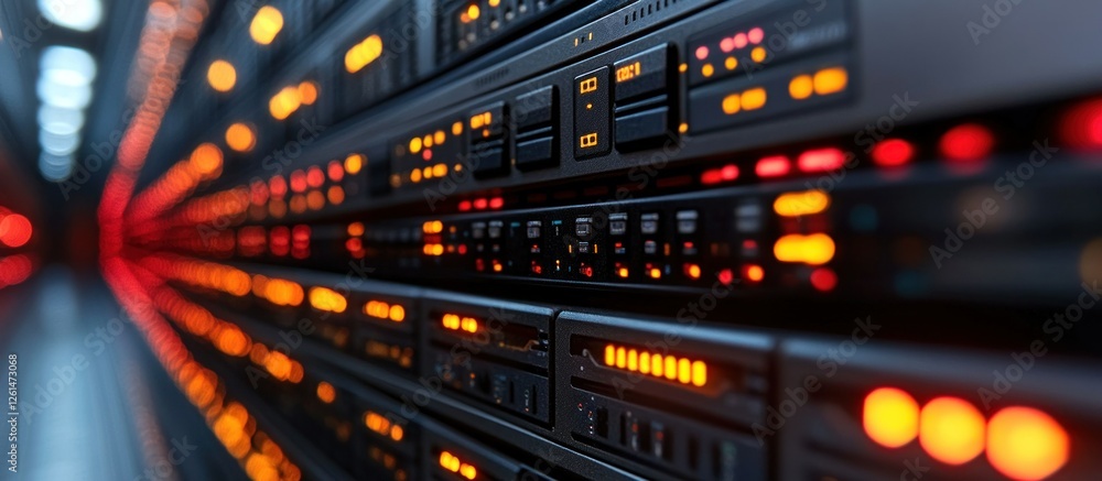 Poster close-up view of server rack with illuminated lights in data center environment