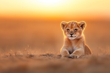 A charming lion cub lies peacefully in the golden grasslands of the African savanna as the sun sets in the background.