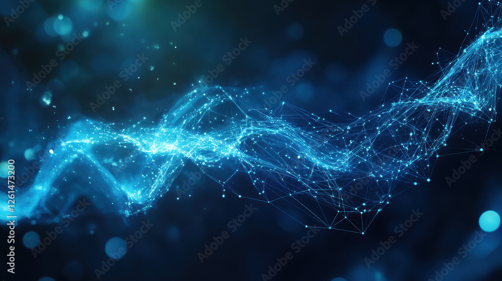 Poster abstract blue glowing particles wave on a dark background with a bokeh effect