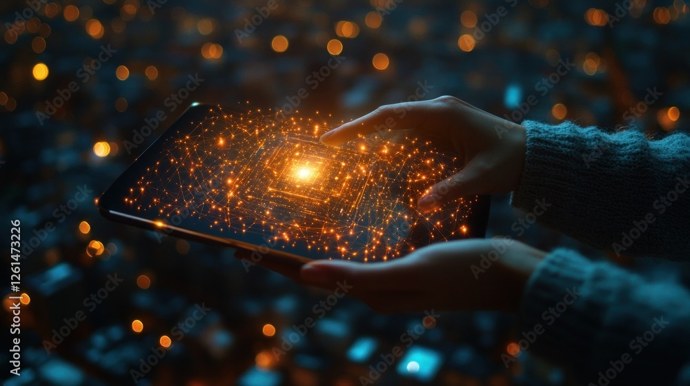 Poster hands interacting with digital tablet displaying a bright data network