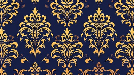 A sophisticated seamless pattern with elegant damask motifs in deep navy blue and metallic gold, presented in a classic, ornate style with intricate detailing and rich textures, using .
