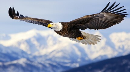 Obraz premium Majestic Bald Eagle in Flight Against Snowy Mountain Landscape