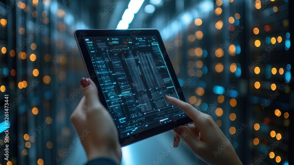 Poster data analysis on tablet in modern data center with blurred lights