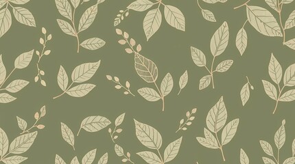 Fototapeta premium A subtle seamless pattern of delicate hand-drawn leaves in muted greens and browns, exhibiting a botanical illustration style, with fine details and a naturalistic feel.