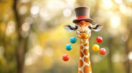 Fototapeta premium Giraffe Juggling Colorful Balls in a Hat