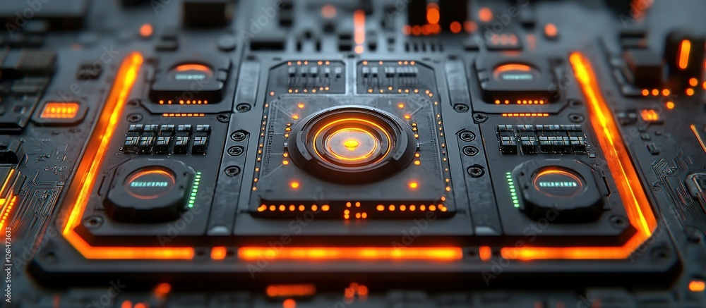 Poster futuristic circuit board with glowing elements and complex design features