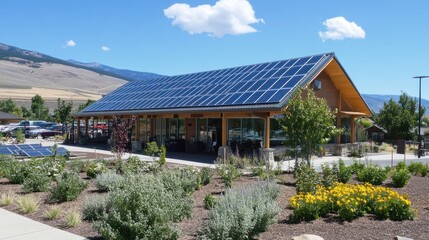 Naklejka premium Sustainability showcase, Modern building integrating solar panels and landscaping