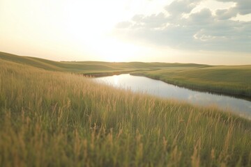 Obraz premium A breathtaking view of rolling green grasslands with a tranquil river meandering through the valley.