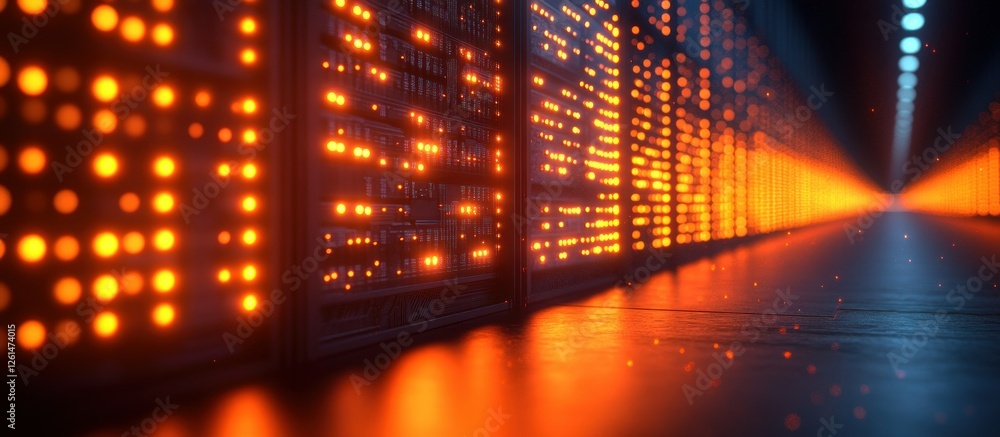 Poster futuristic data center with glowing lights and server racks in a high-tech environment