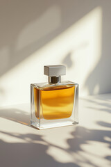 Modern perfume packaging showcasing clean lines and dual-texture glass design photographed in high-key style