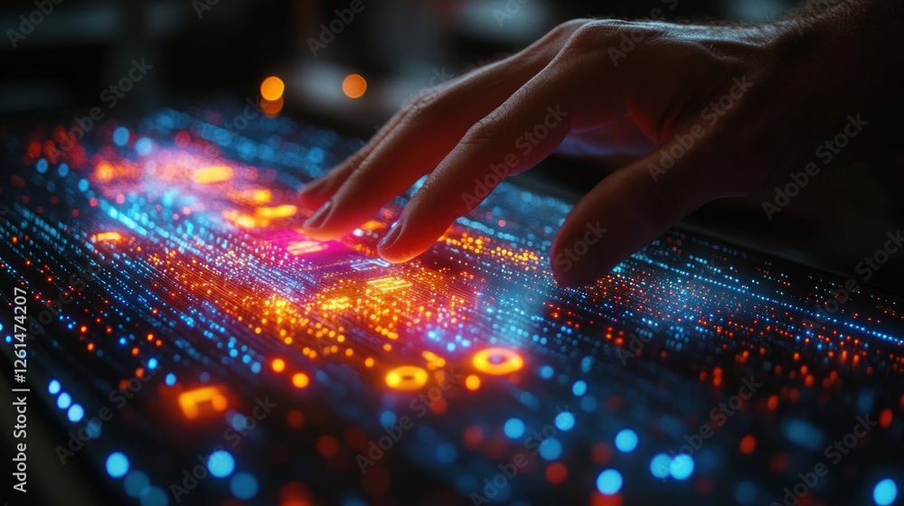 Poster futuristic digital interface with hand engaging in data interaction