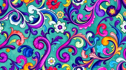 A vibrant seamless pattern featuring a kaleidoscope of swirling paisley motifs in rich jewel tones, rendered in a detailed watercolor style with soft edges and a slightly painterly tex.