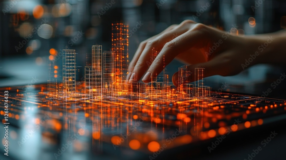 Poster digital cityscape creation with futuristic hand interaction and lights