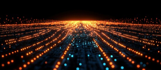 Naklejka premium Vibrant Data Stream with Orange and Blue Lights Flowing Across the Dark Background