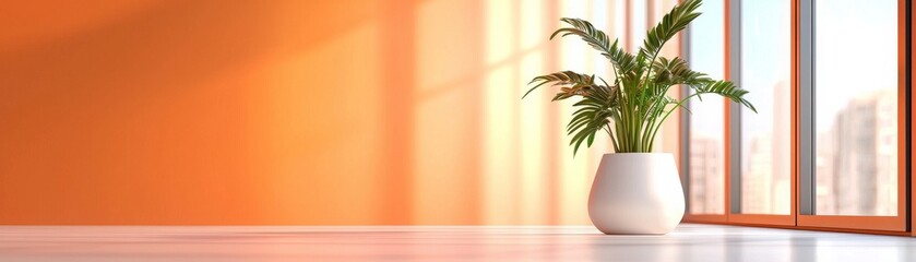 Fototapeta premium Modern Workspace with Green Plant in Bright Room and Large Windows Enhancing Productivity