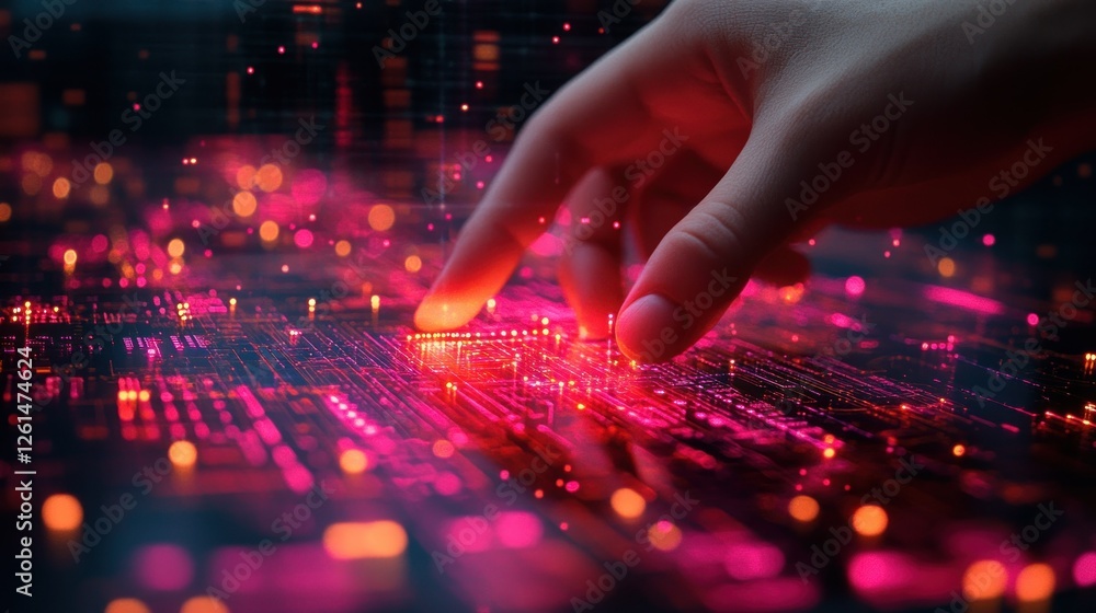 Poster abstract technology background with hand touching digital interface
