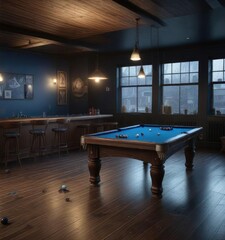 Dark wood pool table with blue cloth and scattered balls in a dimly lit biker bar, bar furniture, balls