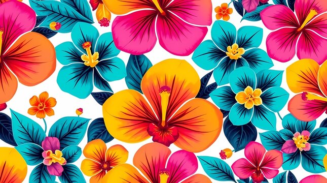 A vibrant seamless pattern featuring a kaleidoscope of tropical flowers in a bold, Art Nouveau style, rendered in gouache, with a repeating motif of hibiscus and orchids in hues of fuc.