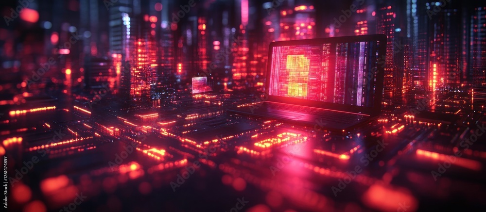Poster futuristic city with glowing circuit patterns and laptop displaying data in neon colors