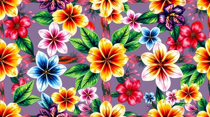 Obraz premium A vibrant seamless pattern featuring a kaleidoscope of tropical flowers in a watercolor style, with bold colors and a repeating motif arranged in a symmetrical layout, showcasing a det.