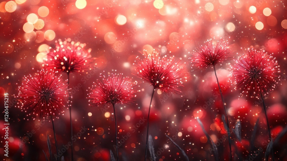 Poster beautiful red flowers with bokeh effect on a soft dreamy background of sparkling light